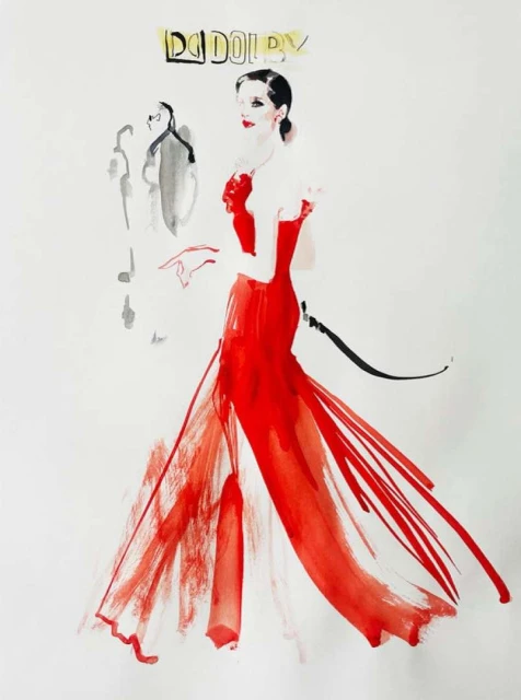 Illustration of woman in red dress with Dolby logo above. Fashion illustration, standing pose, red and black color palette.