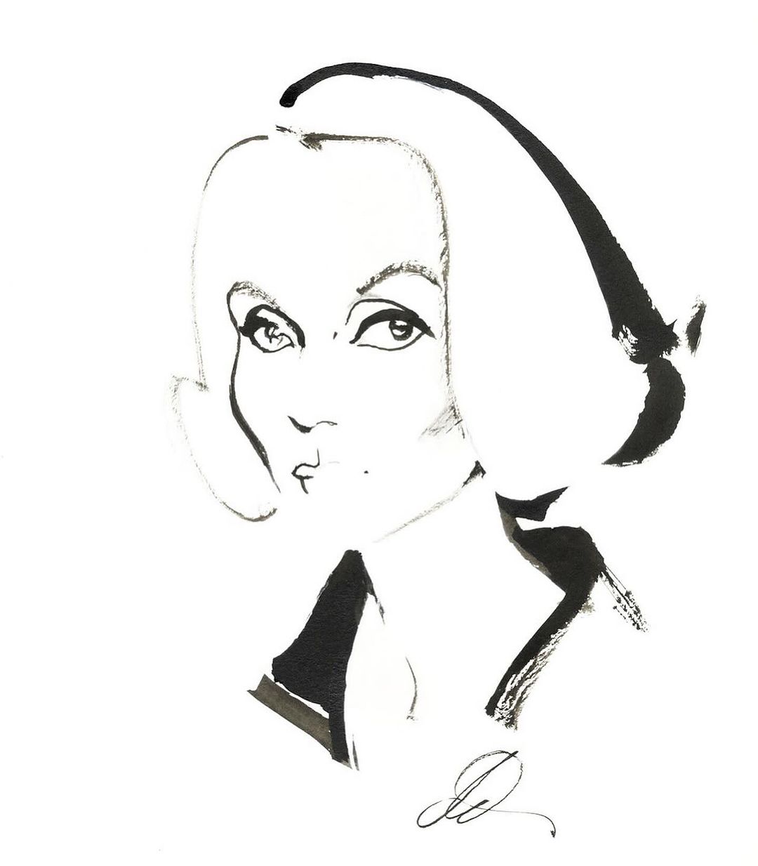 Ink drawing of a woman with short blonde hair and black collar, created with fine art technique and white background.