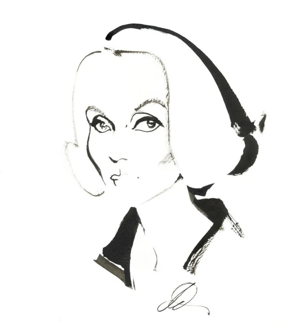 Ink drawing of a woman with short blonde hair and black collar, created with fine art technique and white background.