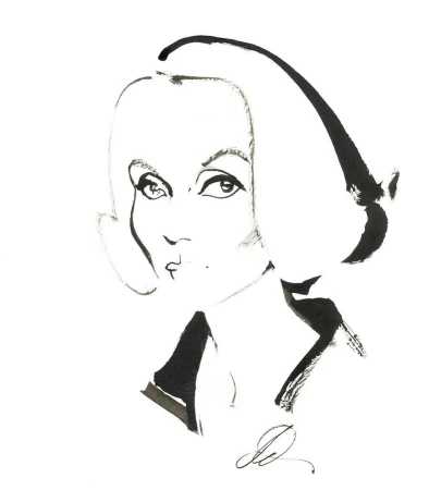 Ink drawing of a woman with short blonde hair and black collar, created with fine art technique and white background.