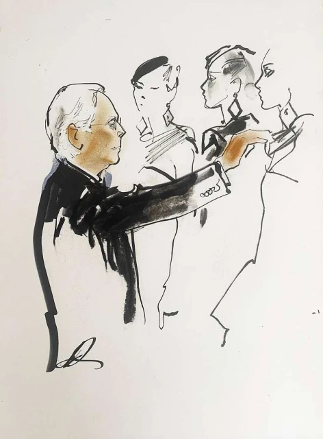 Illustration featuring an adult male in a suit gesturing towards three stylized female figures with minimalist features and geometric accessories.