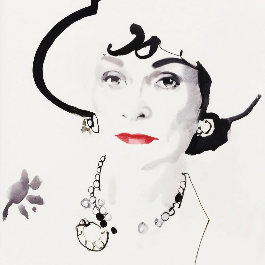 Illustration of a woman with red lips and a hat, adorned with jewelry, rendered in a loose watercolor style on a white background.