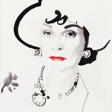 Illustration of a woman with red lips and a hat, adorned with jewelry, rendered in a loose watercolor style on a white background.