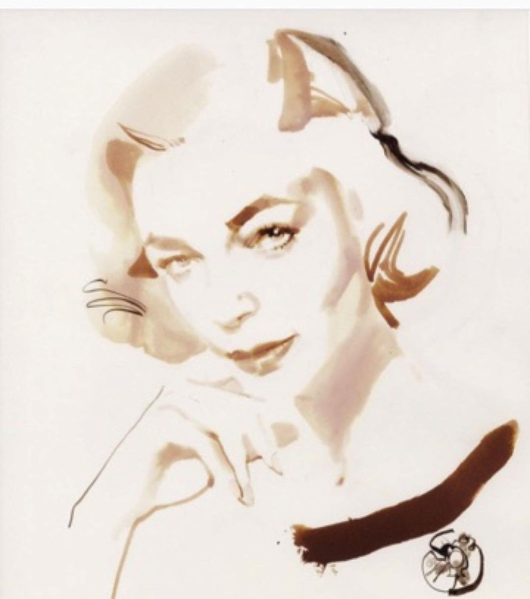 Watercolor painting of a young woman, gazing downwards, with short blond hair, and a slightly pensive expression on a white background.