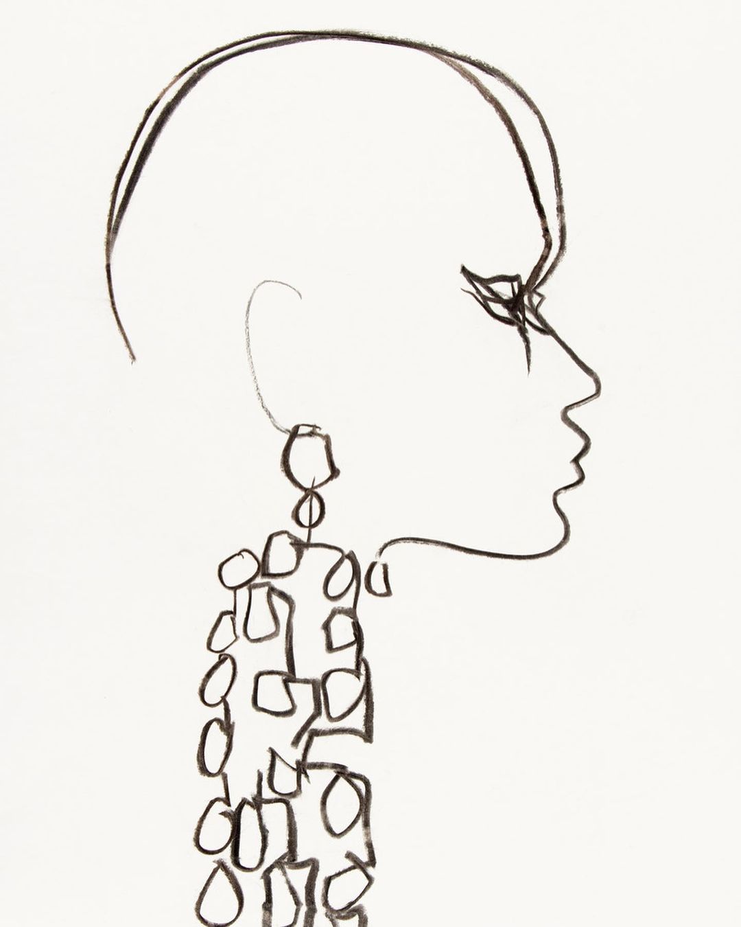 Black ink sketch of a bald woman in profile with large earrings and dress against a bright white background in vertical composition.
