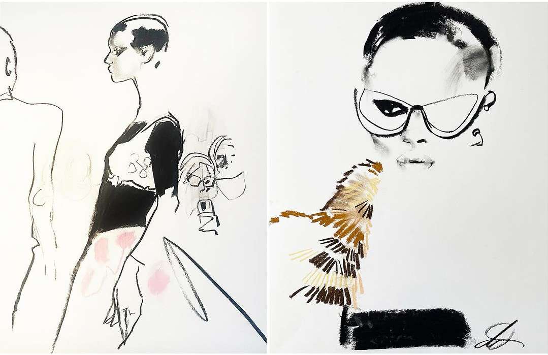 Illustration of an adult female with glasses, rendered in black, brown, and pink hues on a stark white background, in a studio setting.