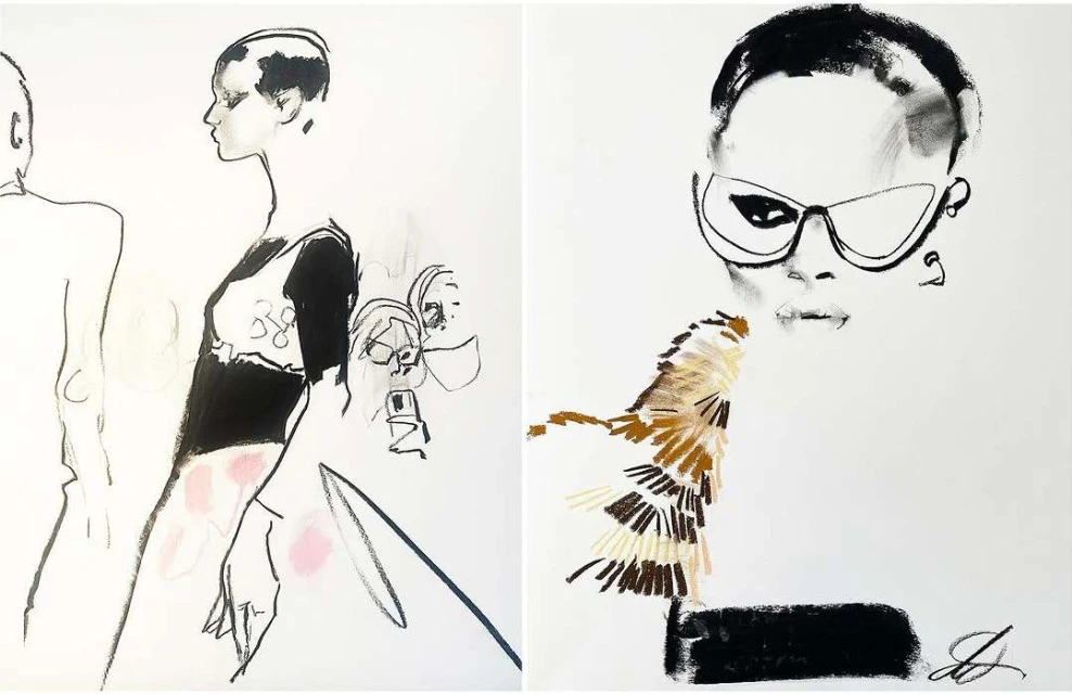Illustration of an adult female with glasses, rendered in black, brown, and pink hues on a stark white background, in a studio setting.