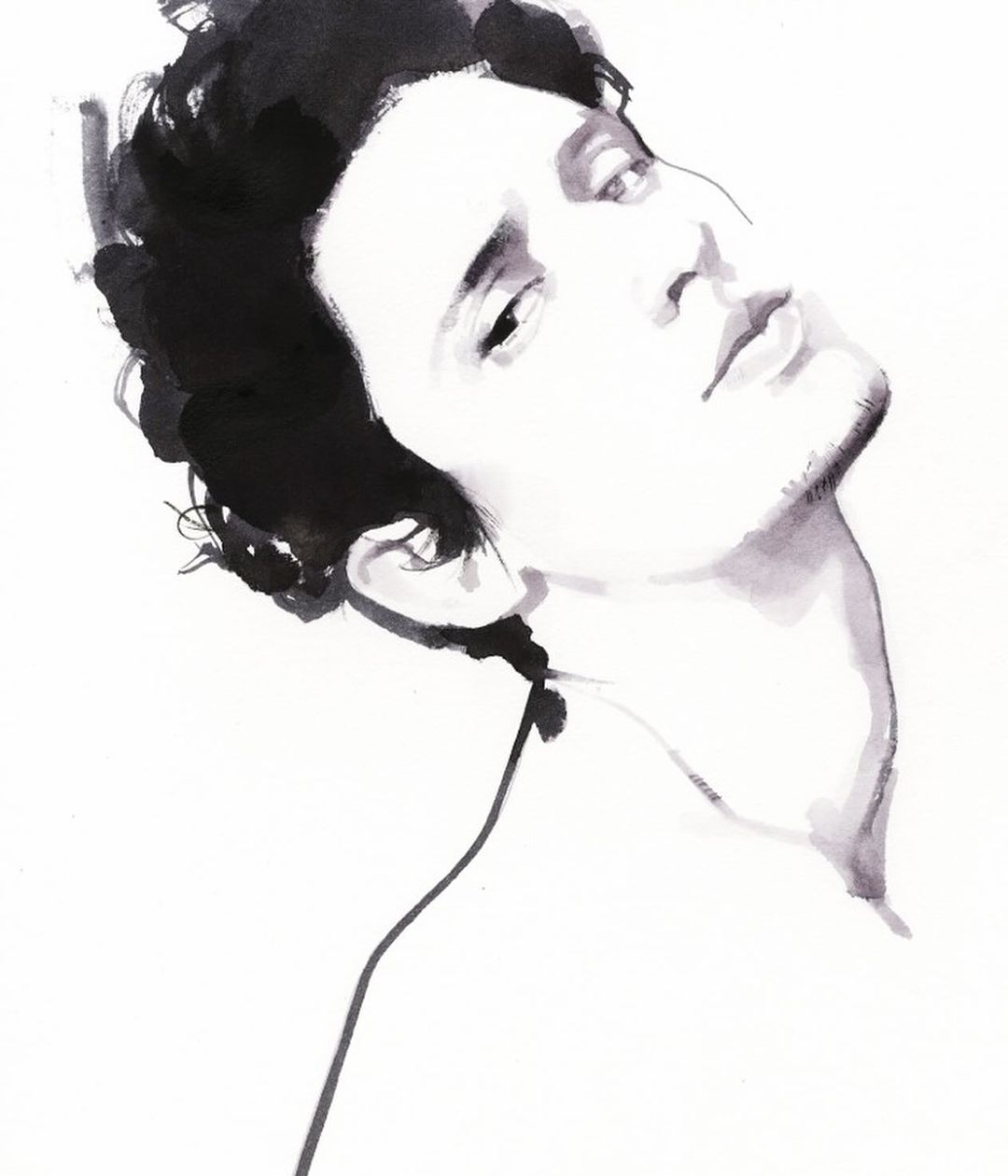Ink drawing of a young adult male with dark hair and expressive eyes, head tilted, black ink outlines, on white paper.