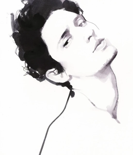 Ink drawing of a young adult male with dark hair and expressive eyes, head tilted, black ink outlines, on white paper.