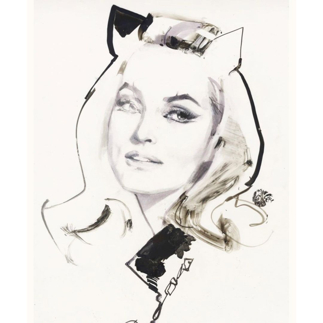 Illustration of an adult woman with long blonde hair and cat ears, rendered in black ink on a white background, a dark collar, and chain.