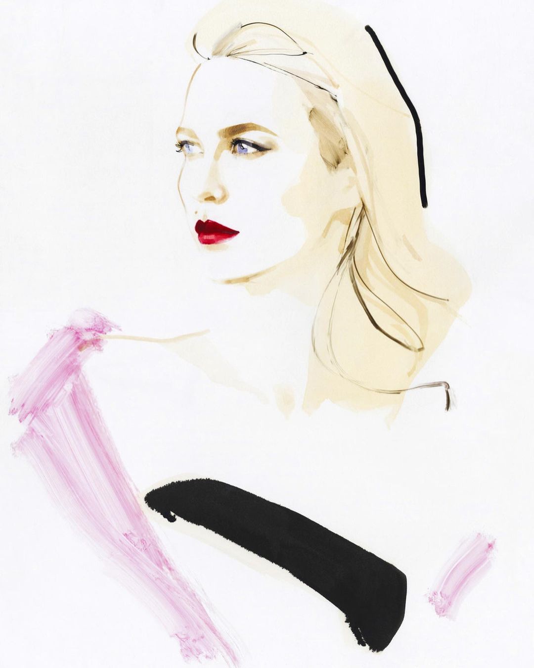 Illustration of a blonde woman with red lipstick against a white background, showcasing a blend of watercolor and sketch art techniques.