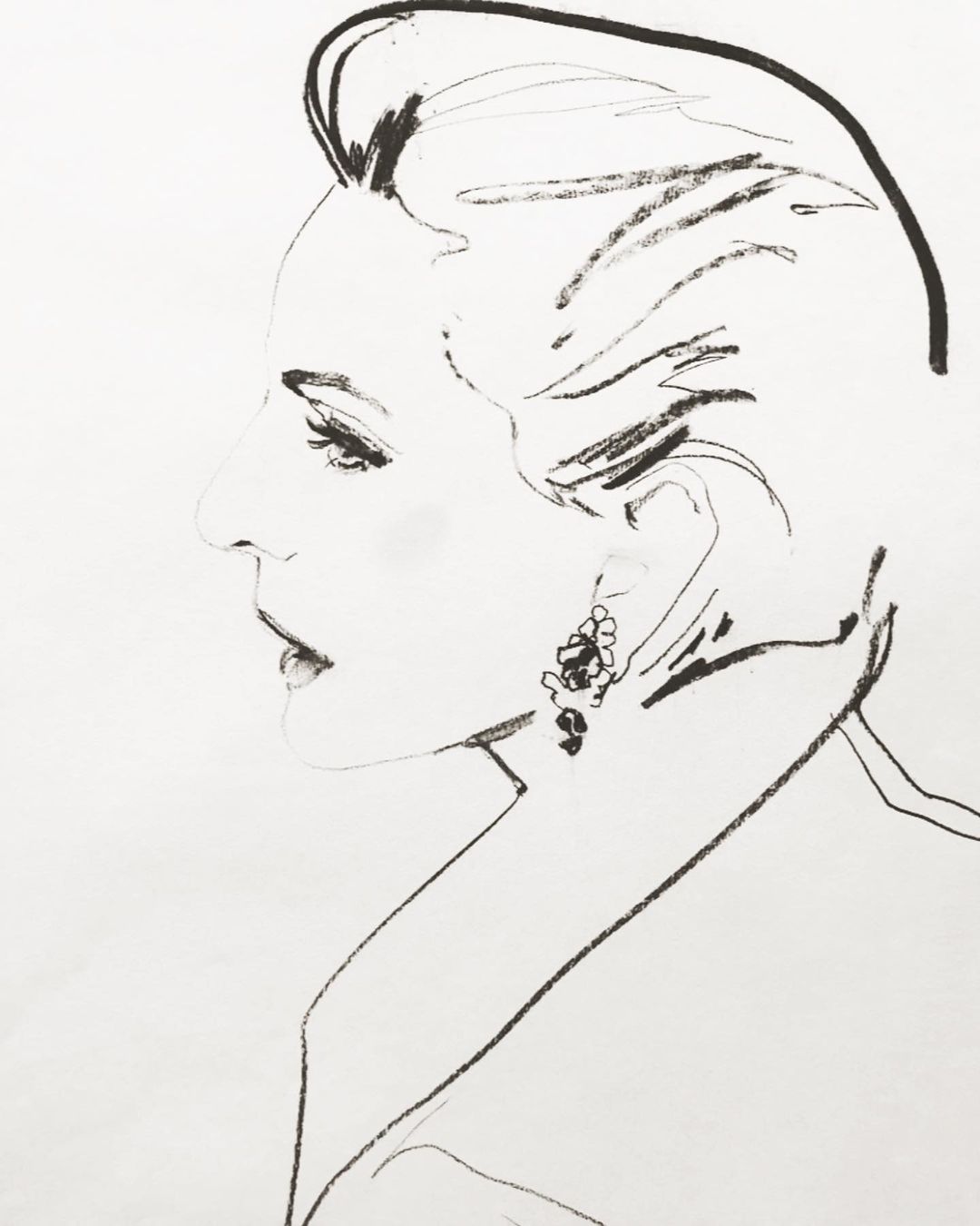 Elegant ink sketch of an adult female in profile with updo, drop earrings, and a light-colored coat against a white background.
