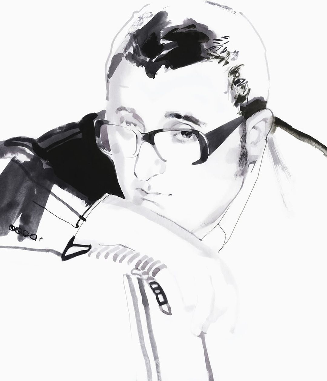 Ink wash portrait of an adult man wearing eyeglasses. He has short hair and is leaning on his arm in a light-wash artistic style.