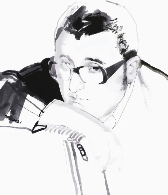 Ink wash portrait of an adult man wearing eyeglasses. He has short hair and is leaning on his arm in a light-wash artistic style.