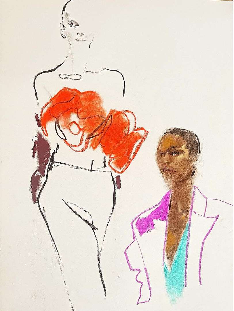 Fashion illustration of two figures, one in an orange top and white pants, the other in a turquoise top and white blazer.