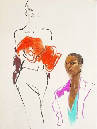 Fashion illustration of two figures, one in an orange top and white pants, the other in a turquoise top and white blazer.