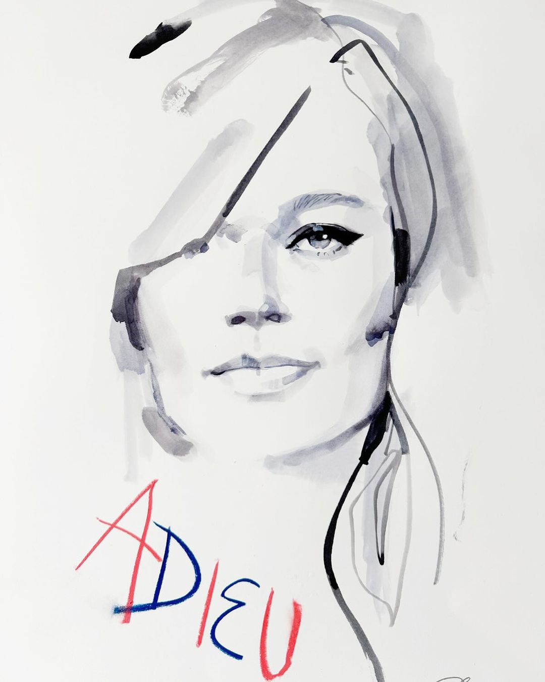 Fashion illustration features a woman's face with dark eye makeup and side swept hair. The word 'Adieu' is written at the bottom.