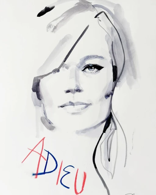 Fashion illustration features a woman's face with dark eye makeup and side swept hair. The word 'Adieu' is written at the bottom.