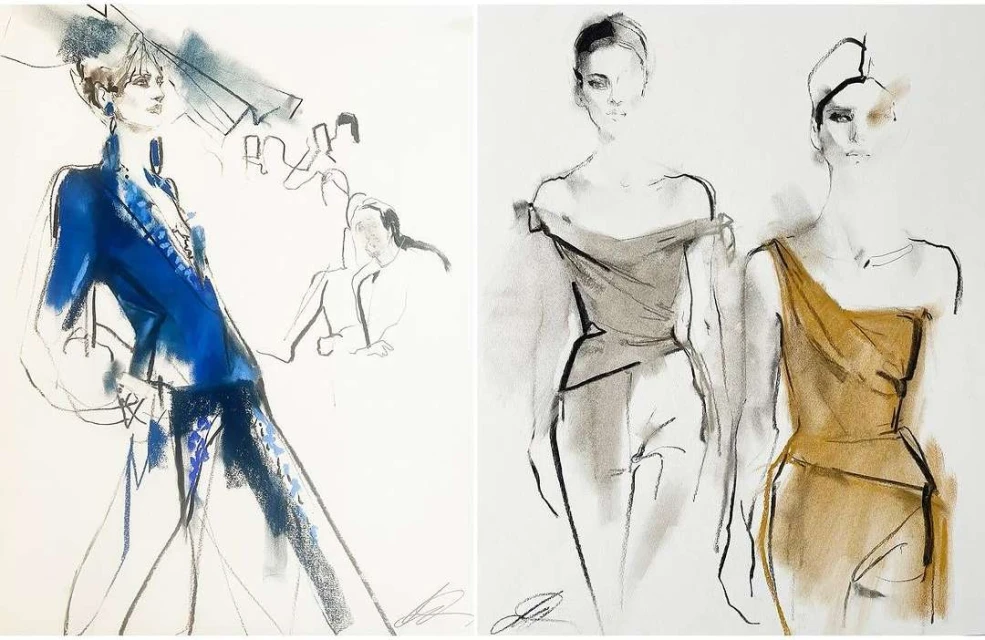 Fashion illustration featuring three women in dresses, showcasing a blend of blue, gold, and charcoal tones on a white backdrop.