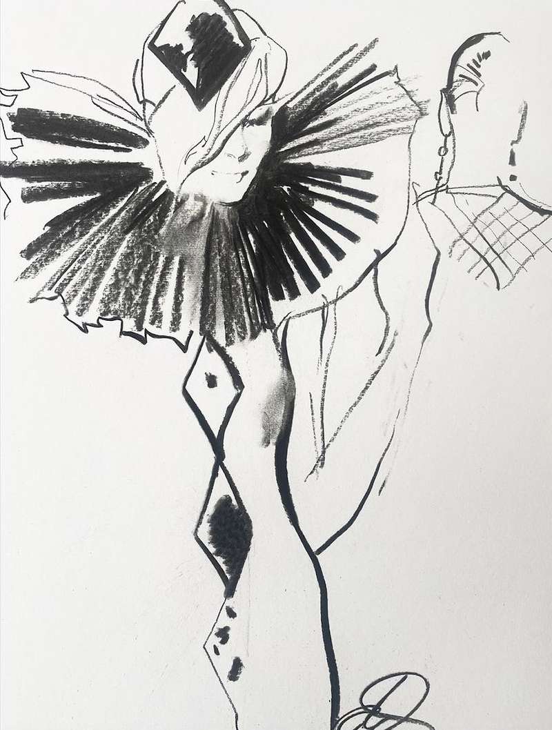 Charcoal drawing of a figure in a harlequin-patterned dress and large ruff, standing next to a figure with a plaid design.