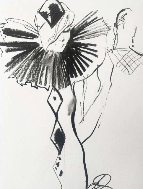 Charcoal drawing of a figure in a harlequin-patterned dress and large ruff, standing next to a figure with a plaid design.