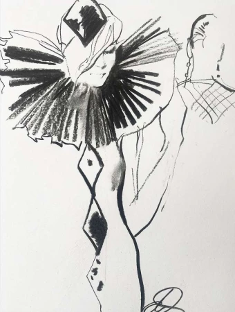 Charcoal drawing of a figure in a harlequin-patterned dress and large ruff, standing next to a figure with a plaid design.