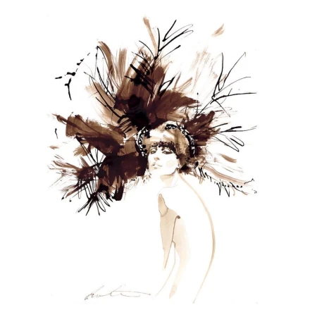 Fashion illustration of a woman by David Downton featuring bold dark ink strokes and an elaborate feathered headdress