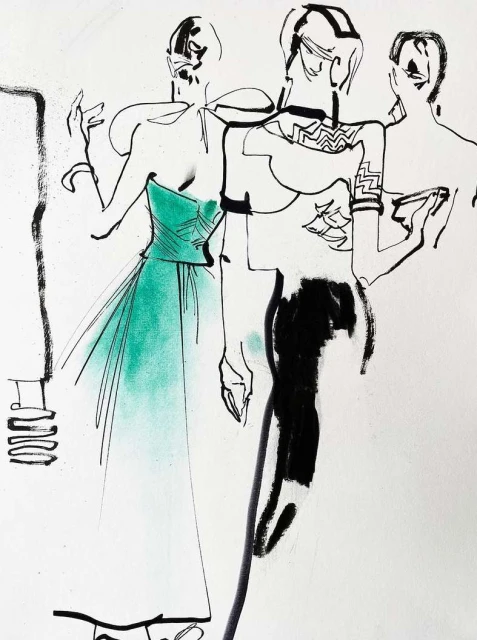 Fashion illustration of three figures in stylized outfits, rendered with ink and watercolor on white background.