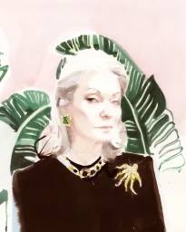 Watercolour and ink portrait illustration of an elegant woman with silver hair wearing a black top and statement jewelry