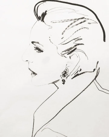 Minimalist ink illustration in profile view by David Downton showing a woman wearing an earring and dark eyeliner