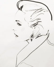 Minimalist ink illustration in profile view by David Downton showing a woman wearing an earring and dark eyeliner