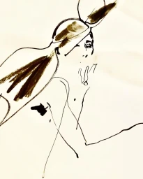 Minimalist ink illustration of a woman profile with a ponytail and large hat by David Downton