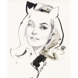 Fashion illustration portrait of a woman with dark eyeliner and cat-ear headband by illustrator David Downton