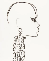 Minimalist ink illustration of a woman profile wearing large statement earrings by David Downton