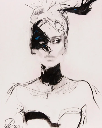 Illustration of a woman with bold black ink markings across her face and neck against an off-white paper background