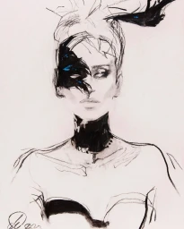 Illustration of a woman with bold black ink markings across her face and neck against an off-white paper background