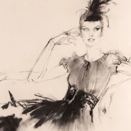 Fashion illustration by David Downton depicting a woman in a dark feathered headpiece and gathered dress.