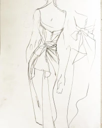 Minimalist pencil fashion illustration of two figures from behind wearing garments with bow details by David Downton.