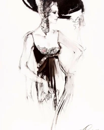 Fashion illustration by David Downton of a woman in a black dress wearing a large hat against white background