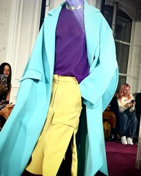 Model wearing a light blue coat, purple top, and yellow trousers in London by David Downton