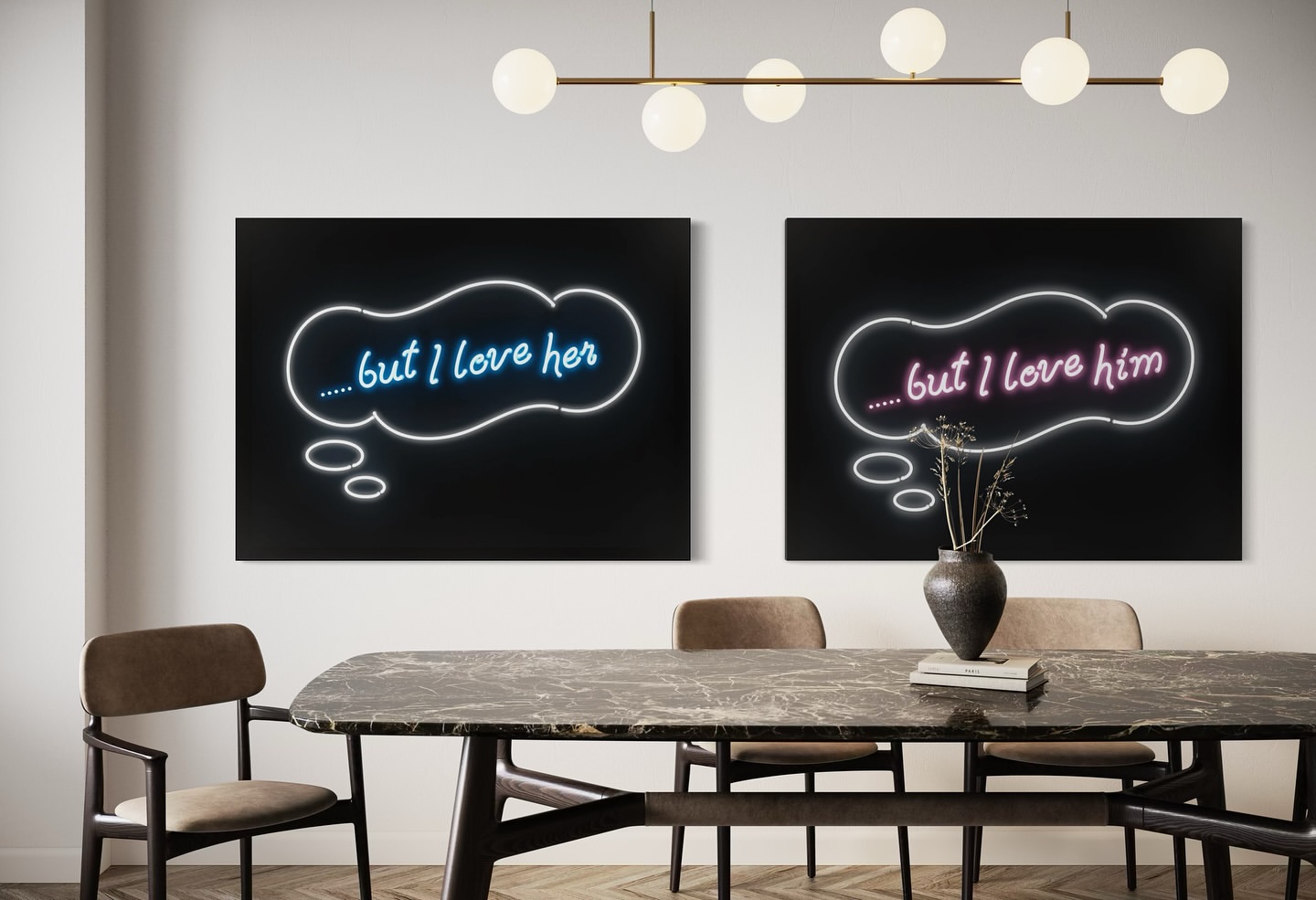 Modern dining room with marble table, tan chairs, and neon art with '... but I love her' and '... but I love him' sayings on the wall.