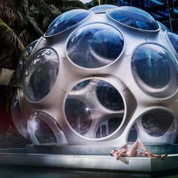 Woman posing on a stone ledge in front of a large spherical architectural structure with bubble windows