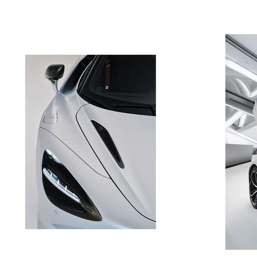 Front and side view of a white McLaren 720S supercar, showcasing its sleek aerodynamic design and modern features, in a well-lit setting.