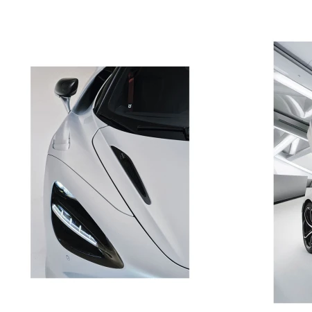 Front and side view of a white McLaren 720S supercar, showcasing its sleek aerodynamic design and modern features, in a well-lit setting.