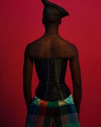 Model seen from behind wearing a black lace-up corset and patterned trousers against a solid red background