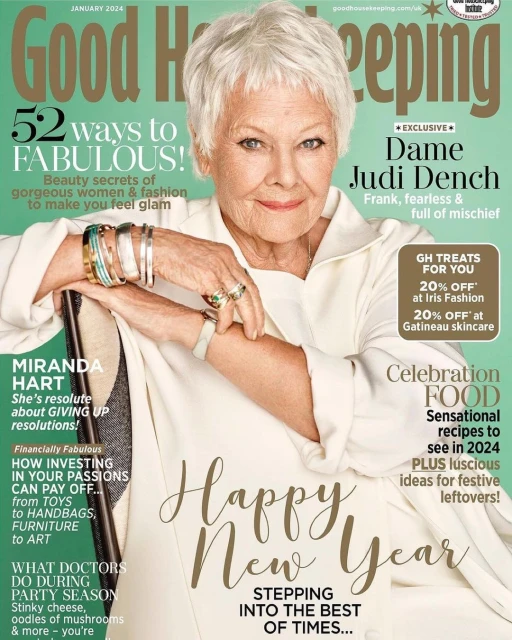 Dame Judi Dench on the cover of Good Housekeeping. The magazine cover features articles about beauty secrets and New Year.