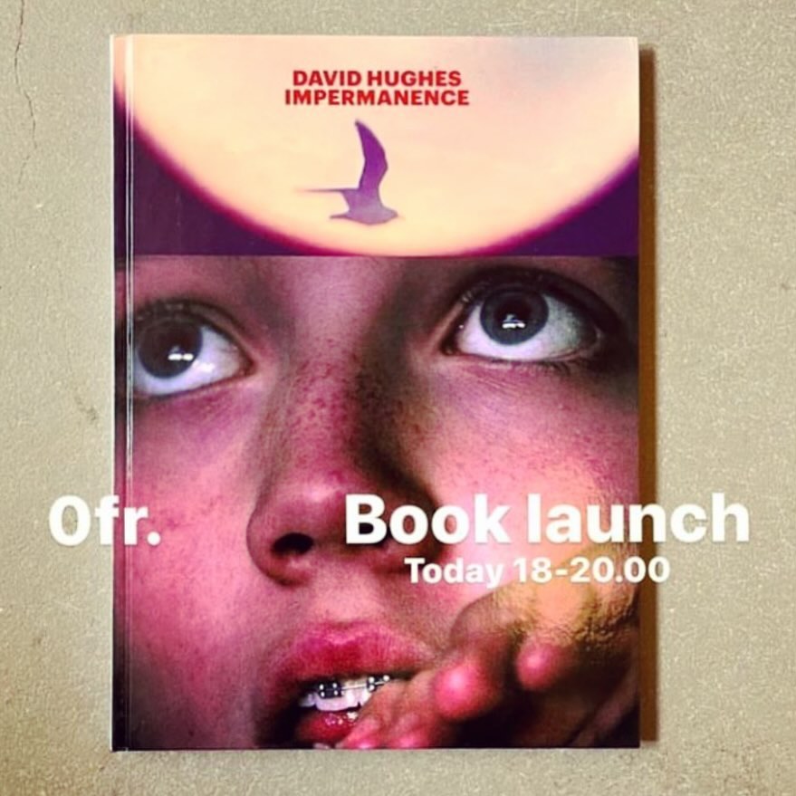 Book cover for David Hughes' 'Impermanence' features a close-up of a child's face under a moon with a bird silhouette; promoting a book launch.