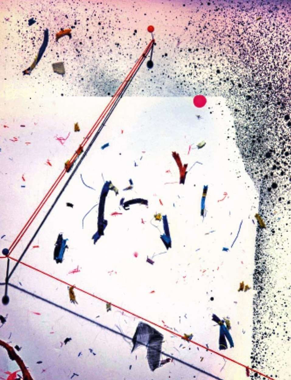 Abstract mixed media artwork with white backdrop, red lines, and scattered confetti-like pieces, featuring black spray paint splatter details.