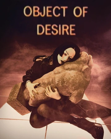 Woman in dark clothing embracing a stone sculpture against a smoky background with text above