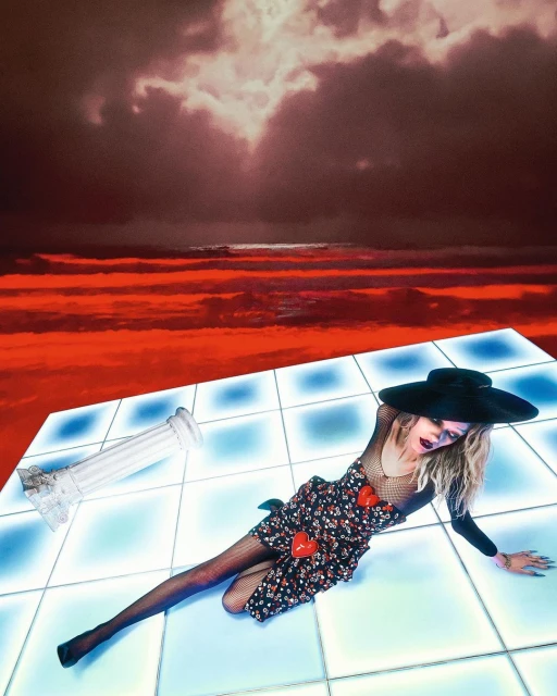 Woman in floral dress and hat poses on illuminated grid with column against a red sky in stylized studio fashion shot.